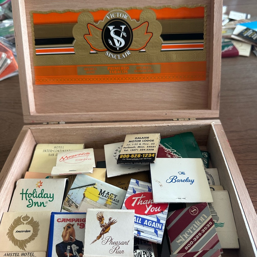 Cigar Box Filled With 30 Vintage Matchbooks